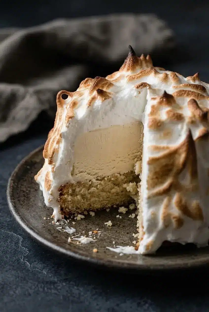 Sliced Baked Alaska cross-section showing pound cake, firm vanilla ice cream, and thick toasted meringue.