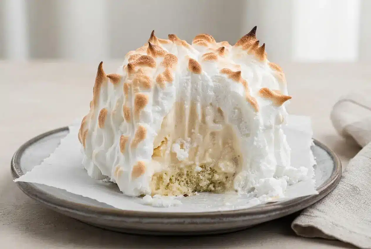 Individual baked alaska recipe portion with toasted golden meringue peaks over pound cake and vanilla ice cream.