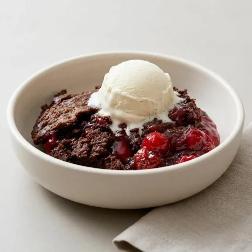 Baked chocolate cherry dump cake with a crisp chocolate topping and bubbling red cherries in a glass dish.