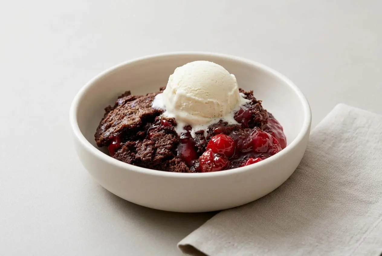 Baked chocolate cherry dump cake with a crisp chocolate topping and bubbling red cherries in a glass dish.
