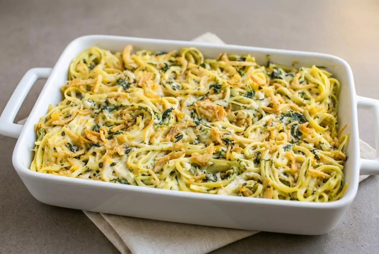 Creamy Monterey chicken spaghetti casserole with tender chicken, spinach, and a crispy golden fried onion topping.