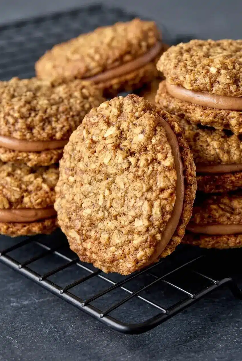 Freshly baked spiced oatmeal cookies with golden edges cooling on a dark wire rack.