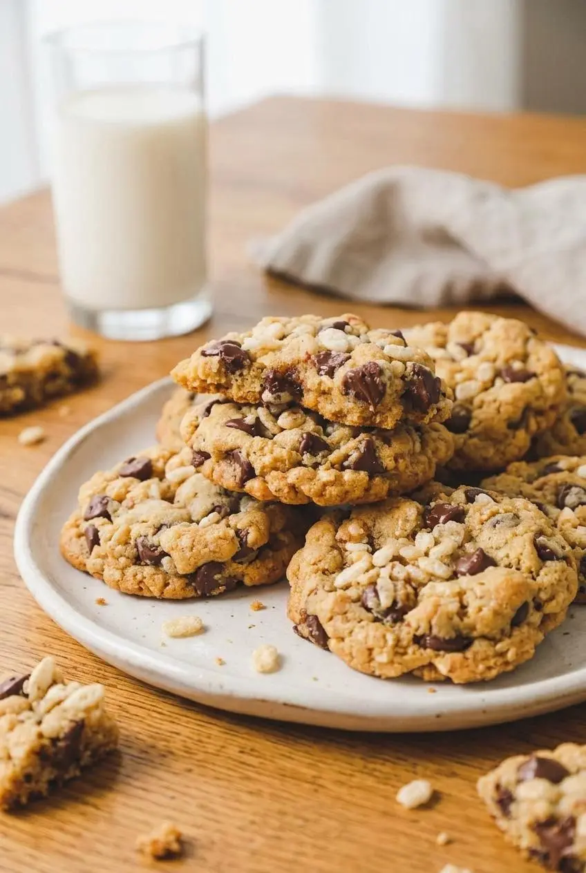 Platter of freshly baked rice krispie chocolate chip cookies served alongside a tall glass of cold milk.