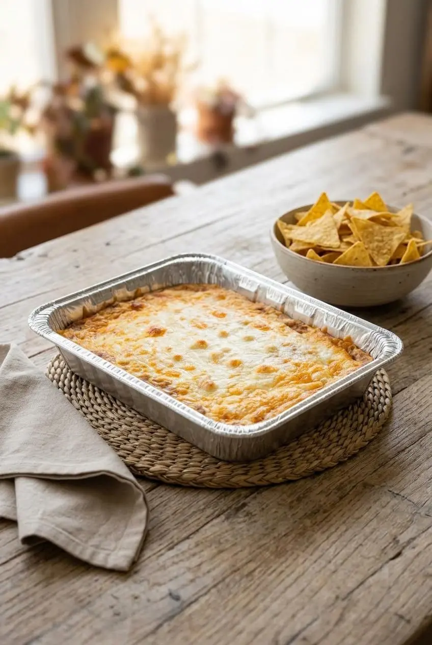 Baking dish of warm cheesy bean dip served with crisp tortilla chips on a table.
