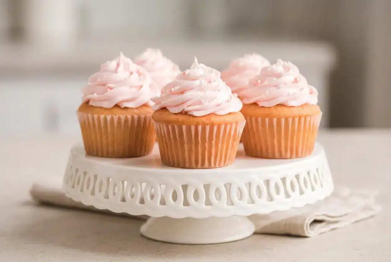 Tender pink Champagne Cupcakes topped with swirls of silky sparkling wine buttercream.