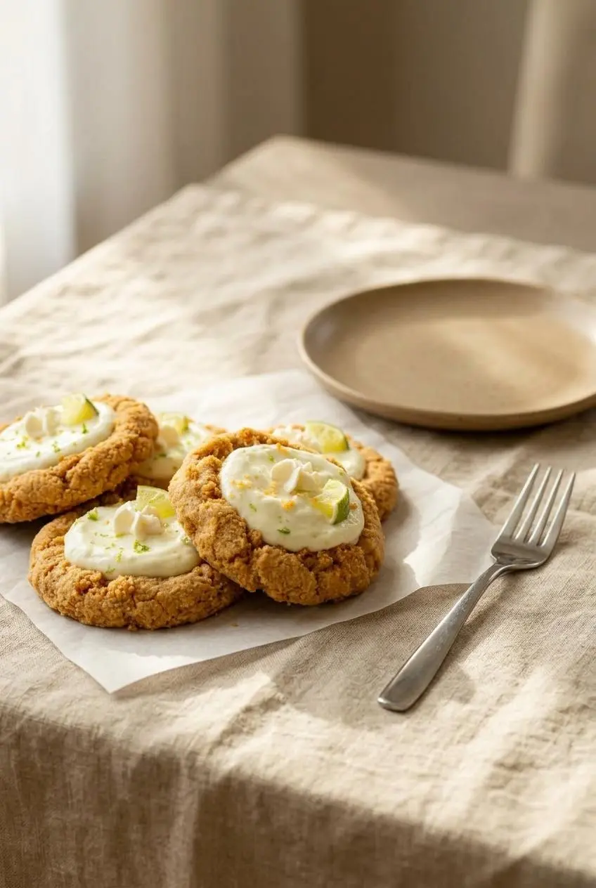 Oversized graham cracker cookie cups with creamy lime filling, piped whipped cream, and fresh lime wedges on a table.
