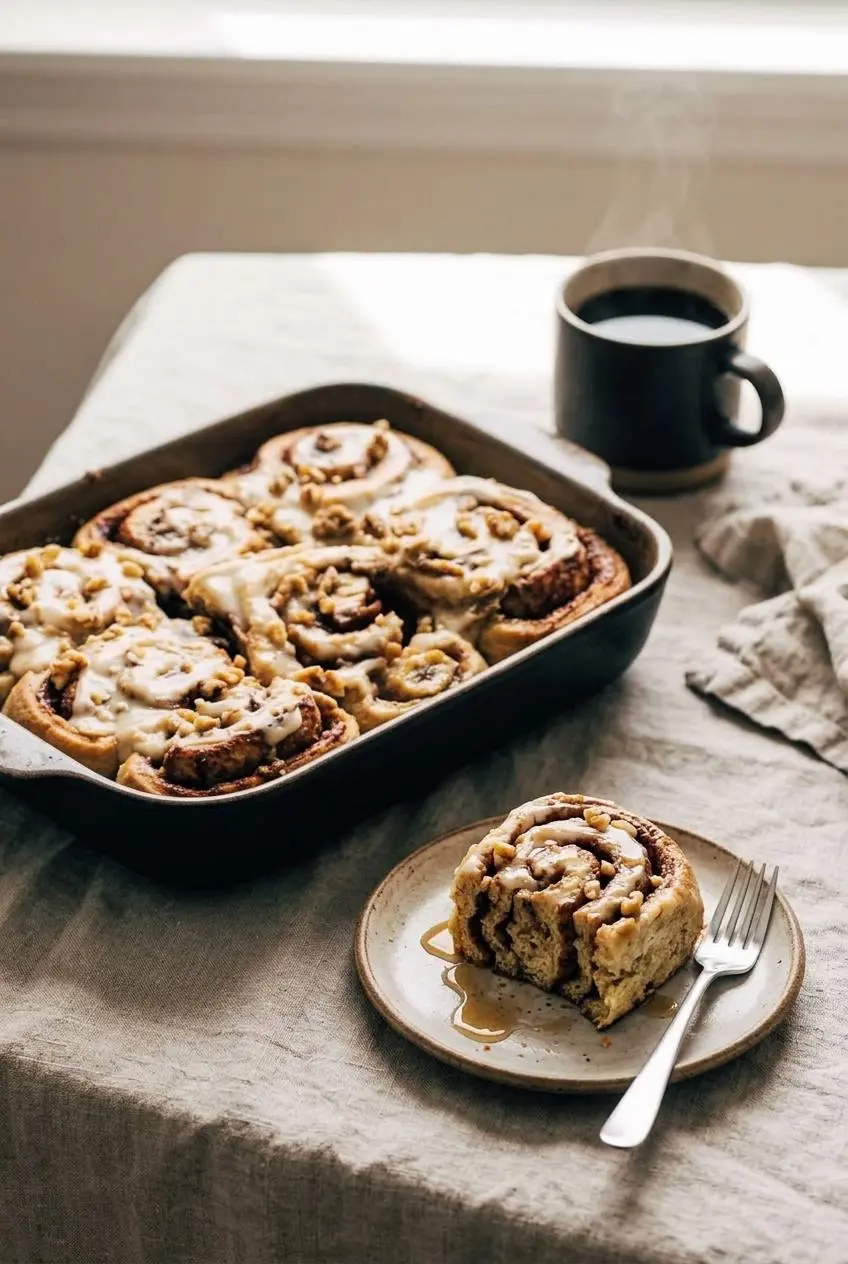 Pan of iced banana bread cinnamon rolls served on a brunch table with a plated halved roll, maple syrup, and coffee