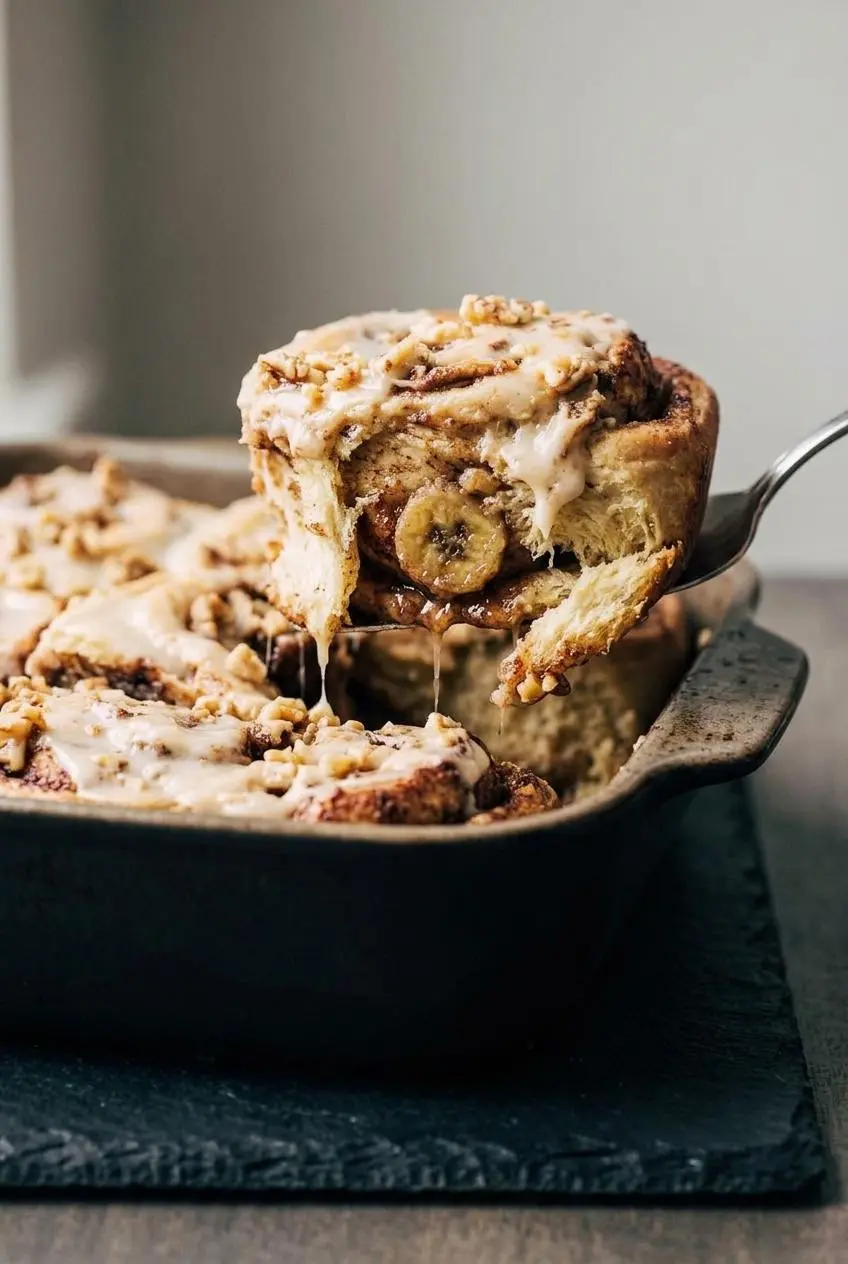 Close-up of a fluffy banana bread cinnamon roll showing tender dough layers, gooey cinnamon filling, and banana slices