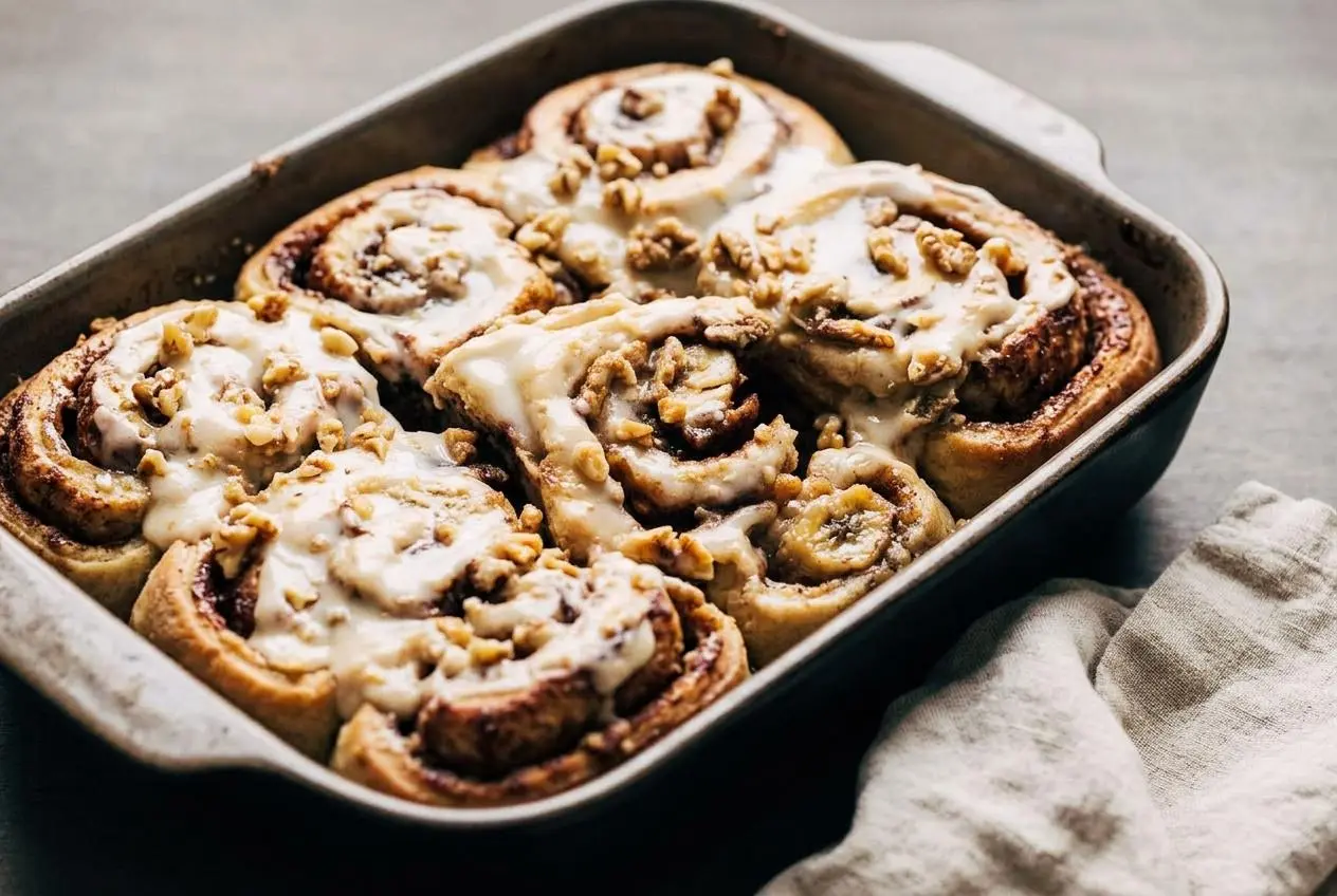 Warm banana bread cinnamon rolls with melting maple cream cheese icing, cinnamon swirls, and chopped walnuts
