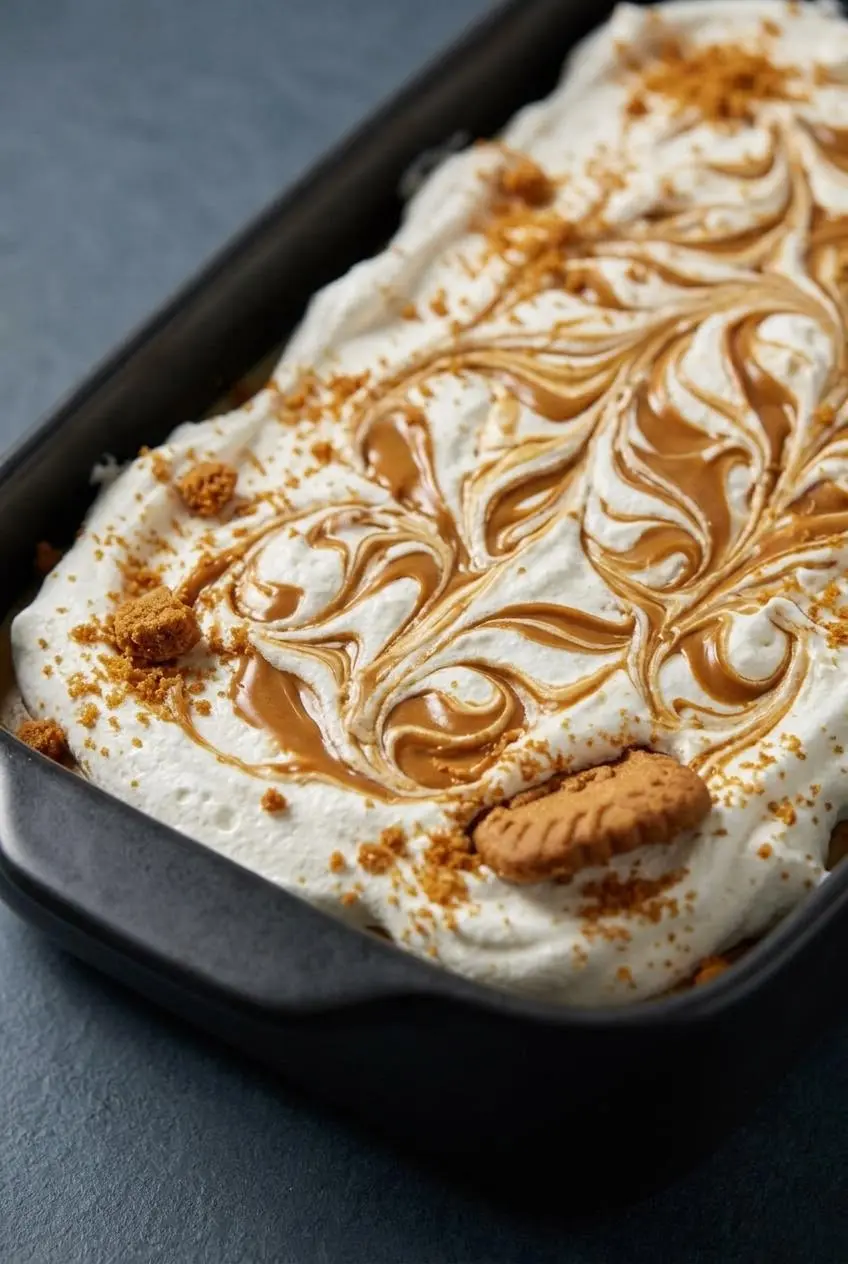 Close-up of fluffy whipped topping swirled with warm cookie butter spread and dusted with cookie crumbs.
