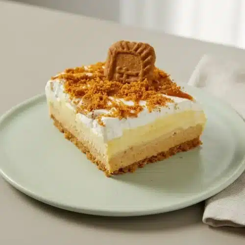 Chilled biscoff lasagna slice showing spiced cookie crust and creamy layers topped with swirled cookie butter.