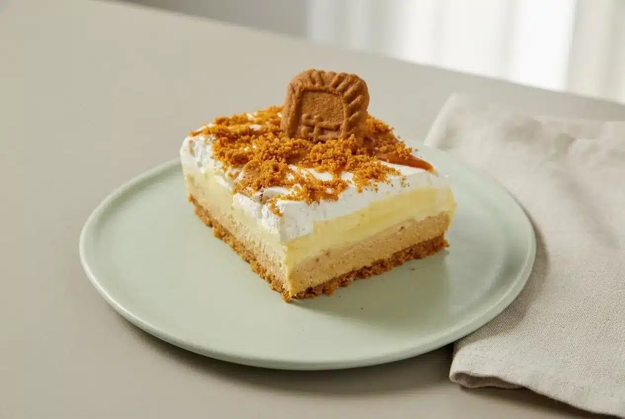 Chilled biscoff lasagna slice showing spiced cookie crust and creamy layers topped with swirled cookie butter.