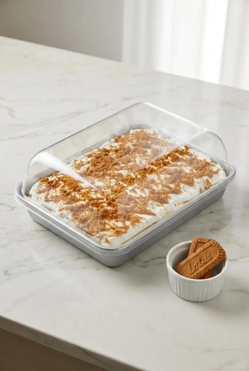 Covered 13x9 baking dish with assembled biscoff lasagna next to a ramekin of whole cookies.