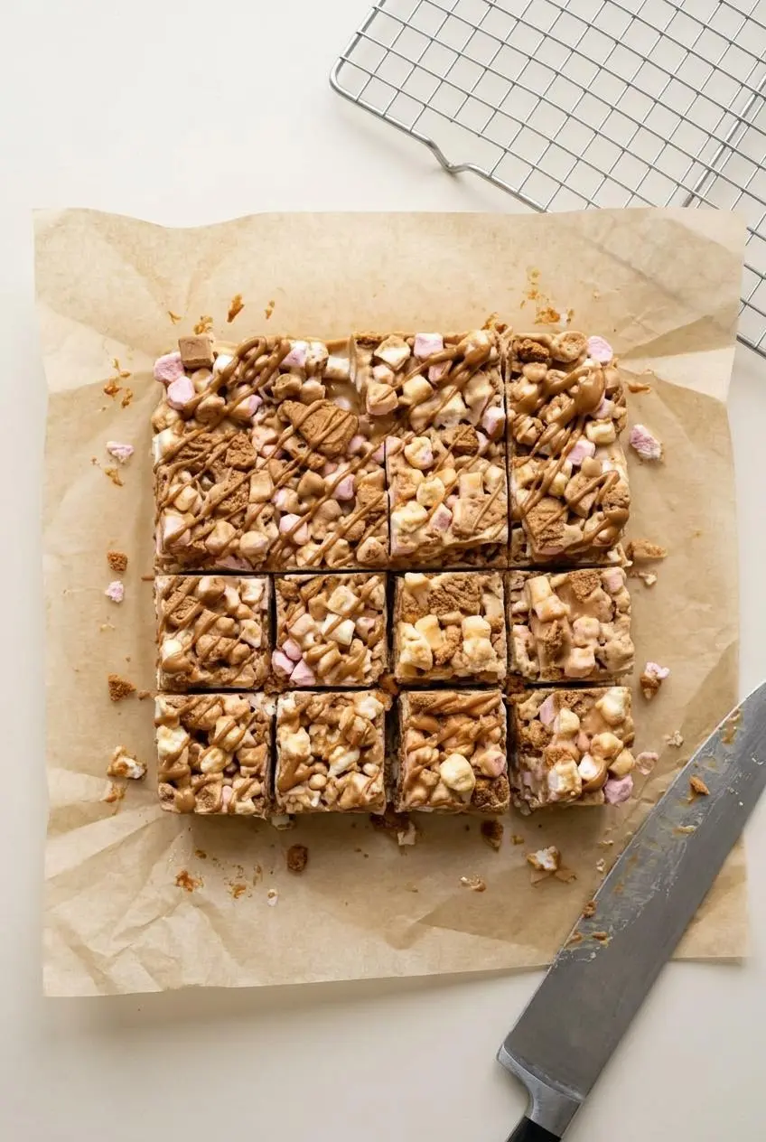 Overhead view of chilled biscoff rocky road slab lifted from an 8-inch square pan on parchment paper, partially cut into bars.