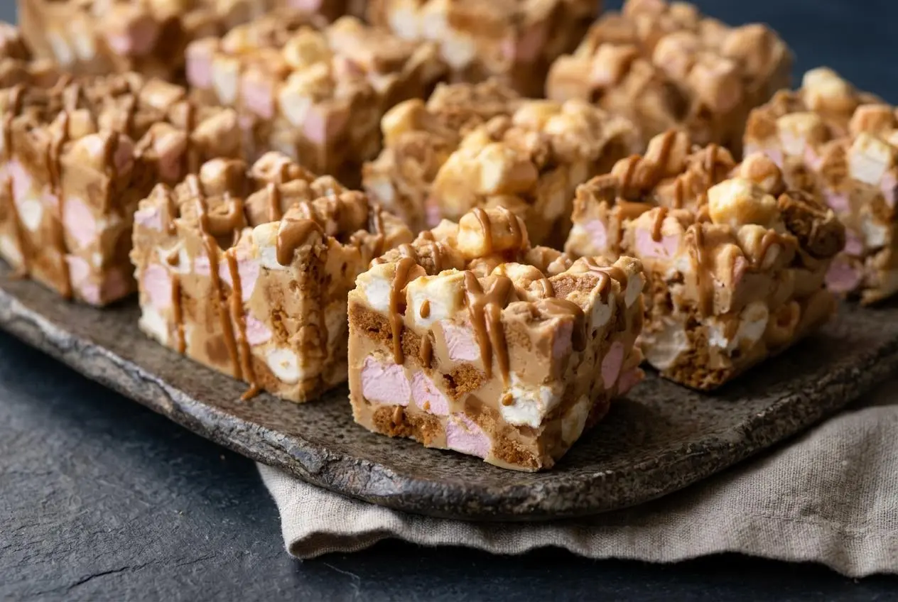 Thick bars of biscoff rocky road with a creamy white chocolate coating, chunky cookies, mini marshmallows, and fudge pieces.