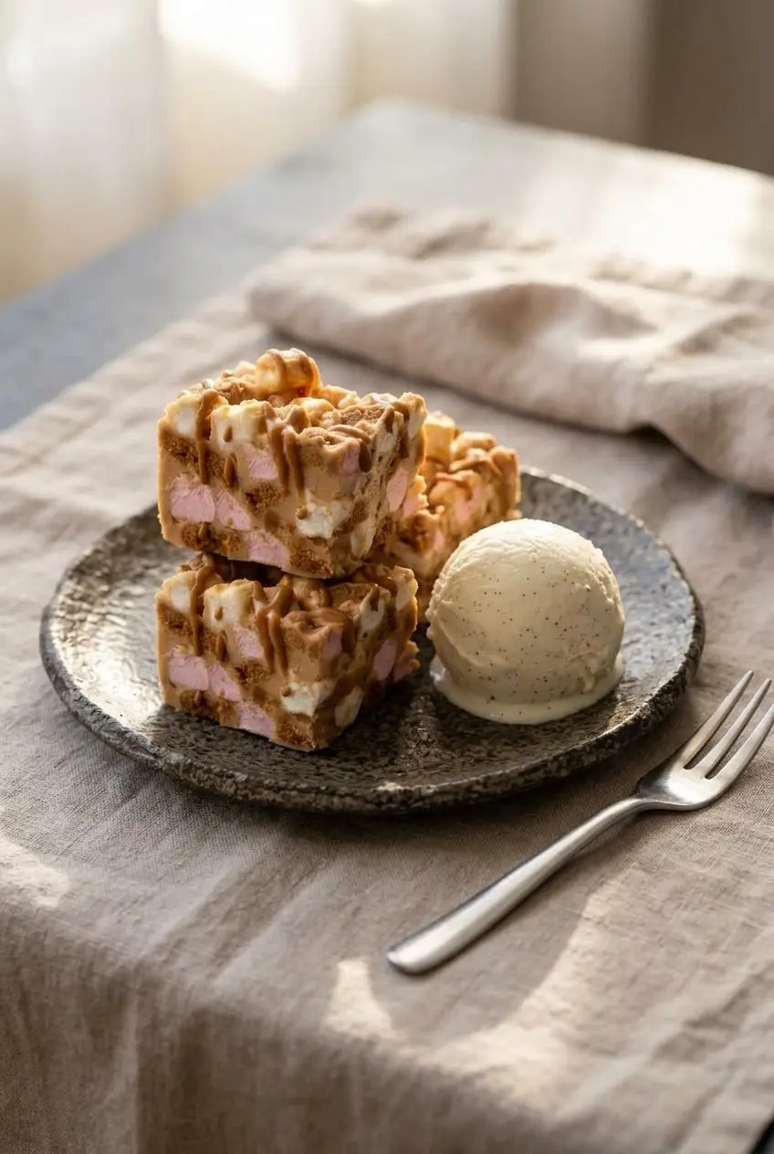 Plated biscoff rocky road bars served alongside a scoop of vanilla bean ice cream with a dessert fork on a beige linen table.