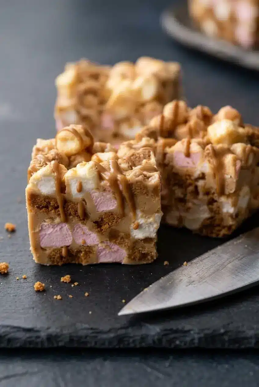 Close-up cross-section of two sliced biscoff rocky road bars on dark slate showing smooth chocolate, intact marshmallows, and cookie chunks.
