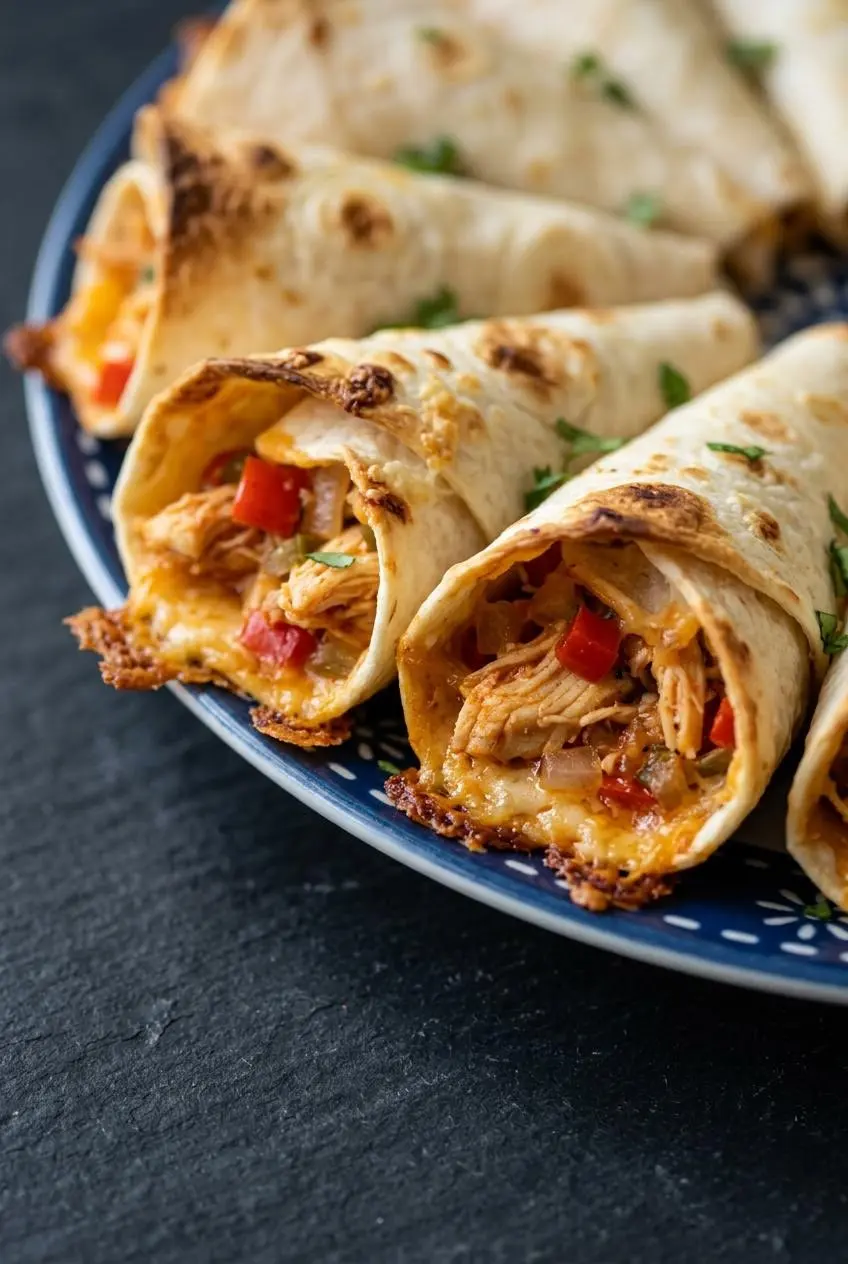 Close-up of two baked tortilla cones with blistered golden tips, melted cheese seams, and chicken filling inside