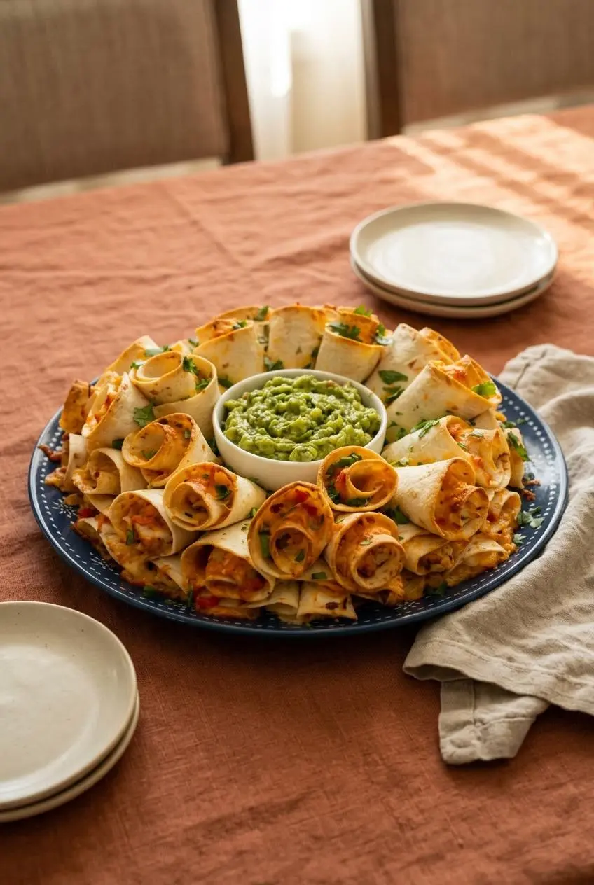 Blooming quesadilla ring on a platter with a center bowl of chunky guacamole, chopped cilantro, and green onions