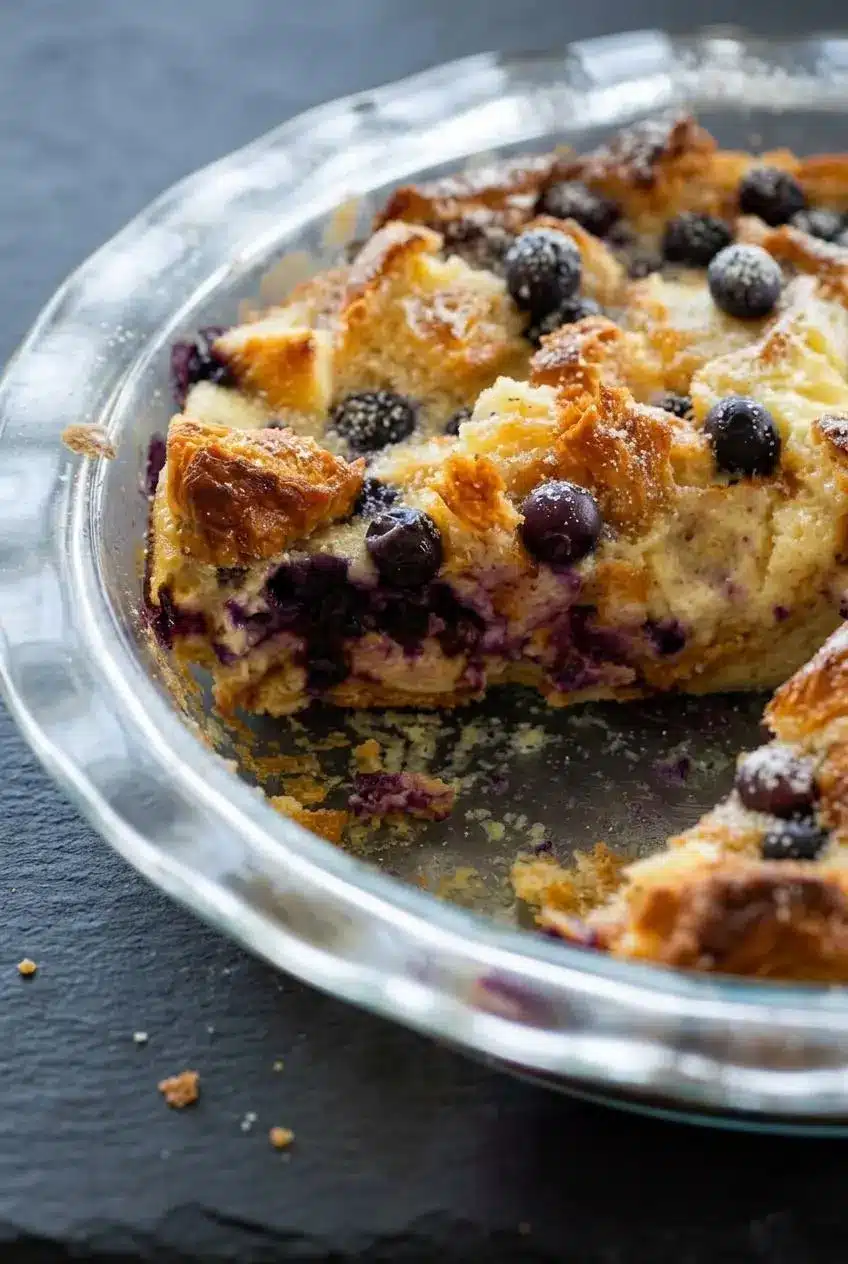 Close-up of scooped blueberry croissant puff showing flaky golden pastry layers and smooth set custard