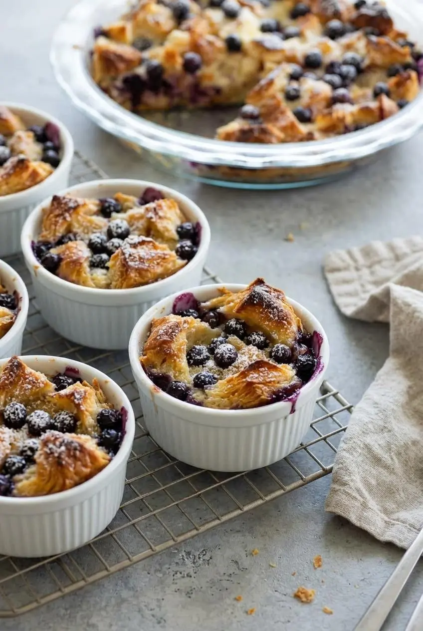 Individual white ceramic ramekins of baked blueberry croissant puff with golden pastry tops on a counter
