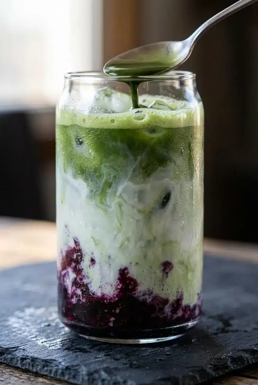 Close-up of emerald matcha pouring over the back of a spoon onto milk, ice, and jammy blueberry syrup.