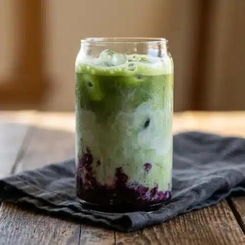 Iced blueberry matcha latte recipe in a clear glass showing jammy purple syrup, creamy milk, and green tea.