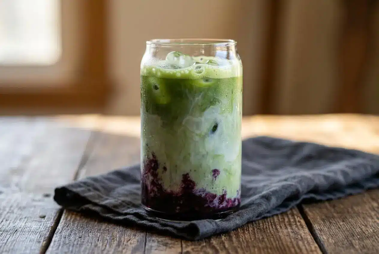 Iced blueberry matcha latte recipe in a clear glass showing jammy purple syrup, creamy milk, and green tea.