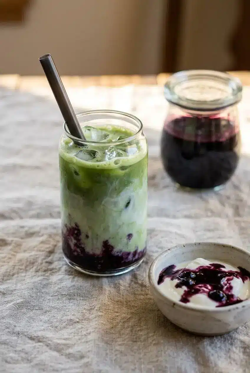 Iced blueberry matcha latte with a wide straw beside Greek yogurt topped with syrup and a storage jar.