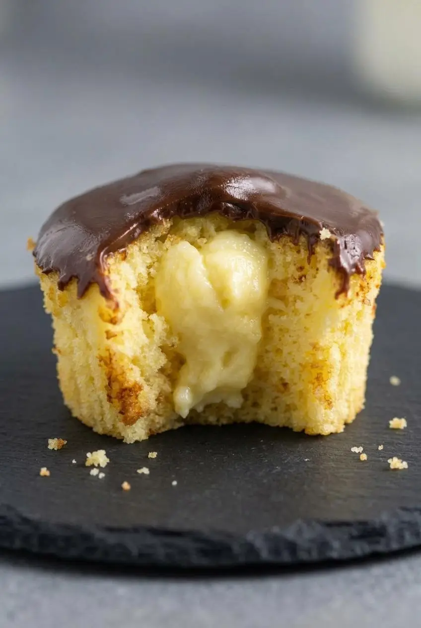 Cross-section of a sliced cupcake revealing thick vanilla custard filling and soft cake crumb.