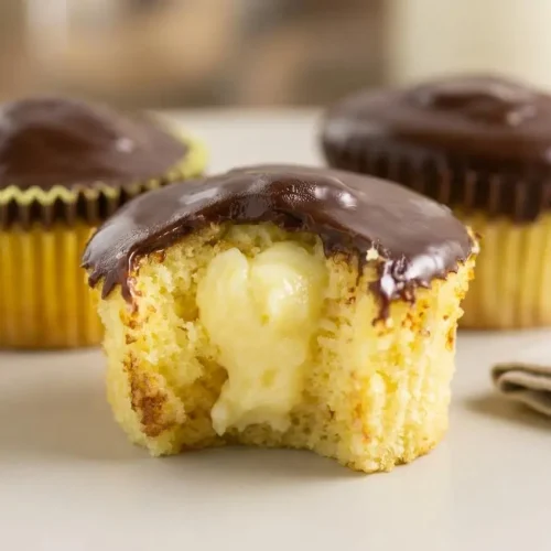 Boston cream pie cupcakes topped with smooth, glossy semi-sweet chocolate ganache.