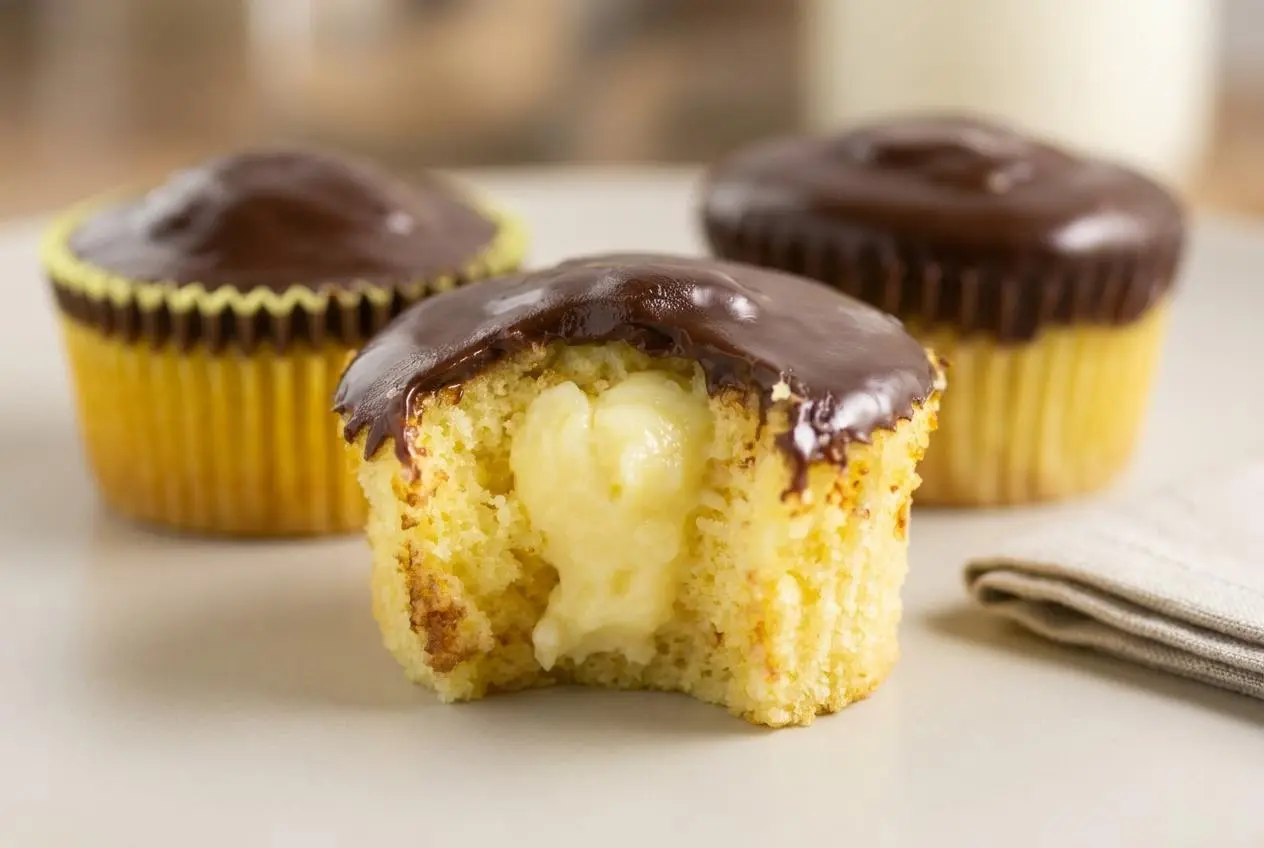 Boston cream pie cupcakes topped with smooth, glossy semi-sweet chocolate ganache.