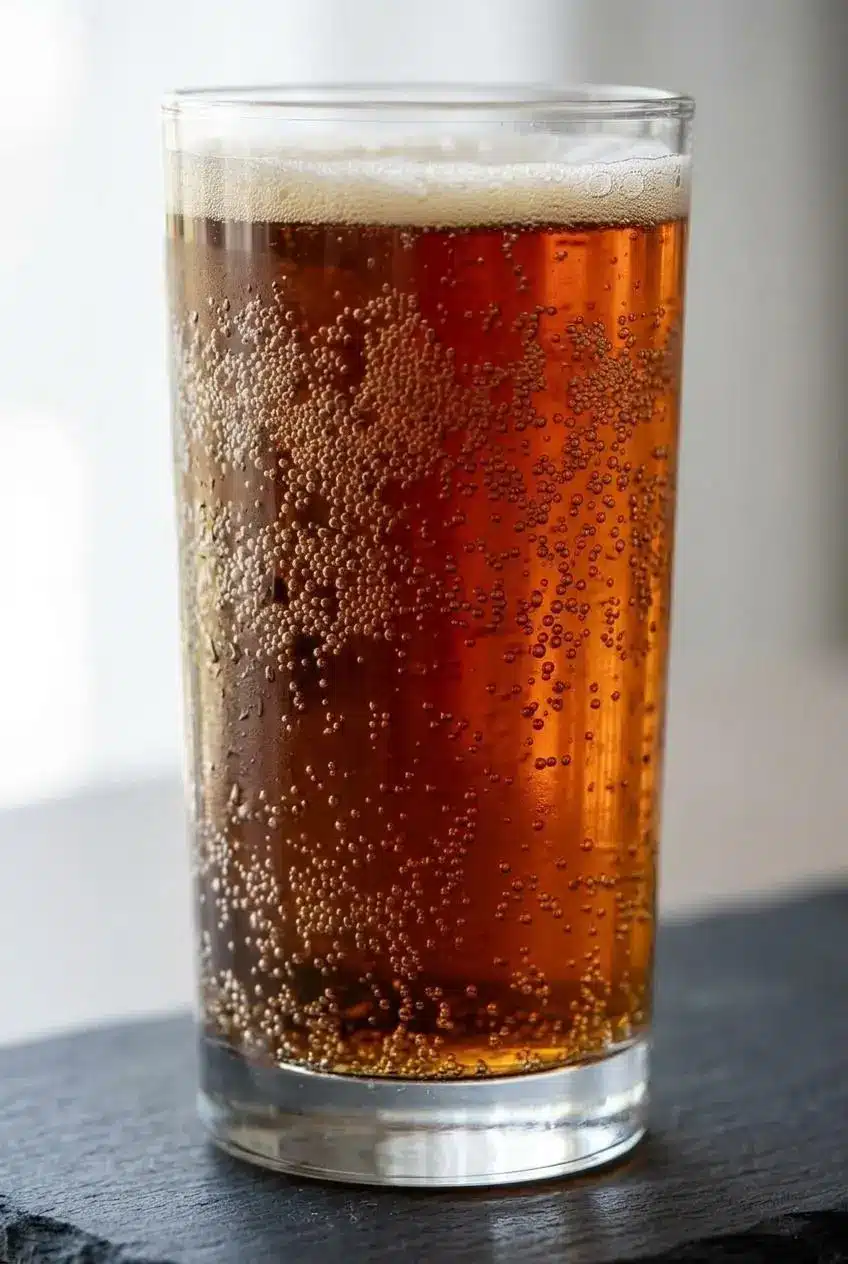 Delicate carbonation bubbles rising through translucent amber bread kvass under a creamy foam ring.