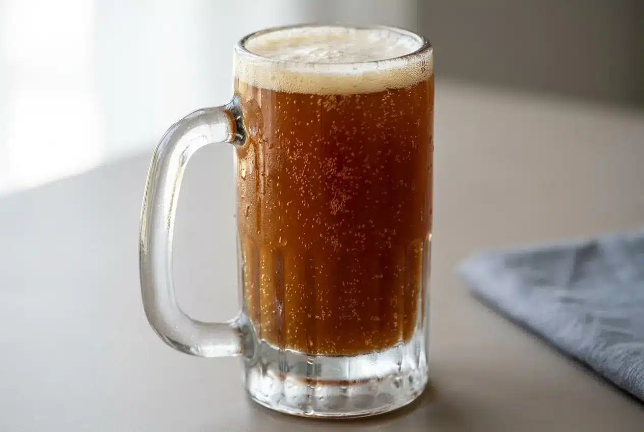 Chilled rye bread kvass recipe poured into a tall glass with rising bubbles and a delicate beige foam head.