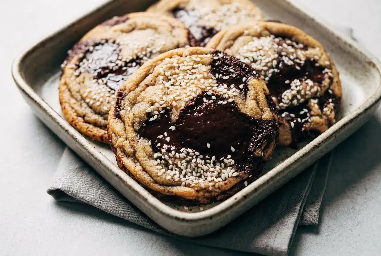 Brown Butter Miso Chocolate Chip Cookies with golden edges, melted dark chocolate pools, and toasted sesame tops.