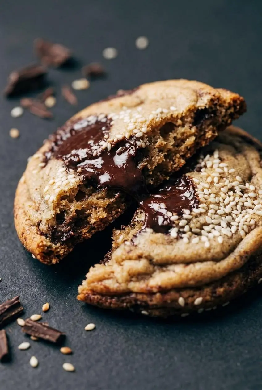 Broken brown butter miso chocolate chip cookie revealing a soft, chewy center and molten chocolate pockets.
