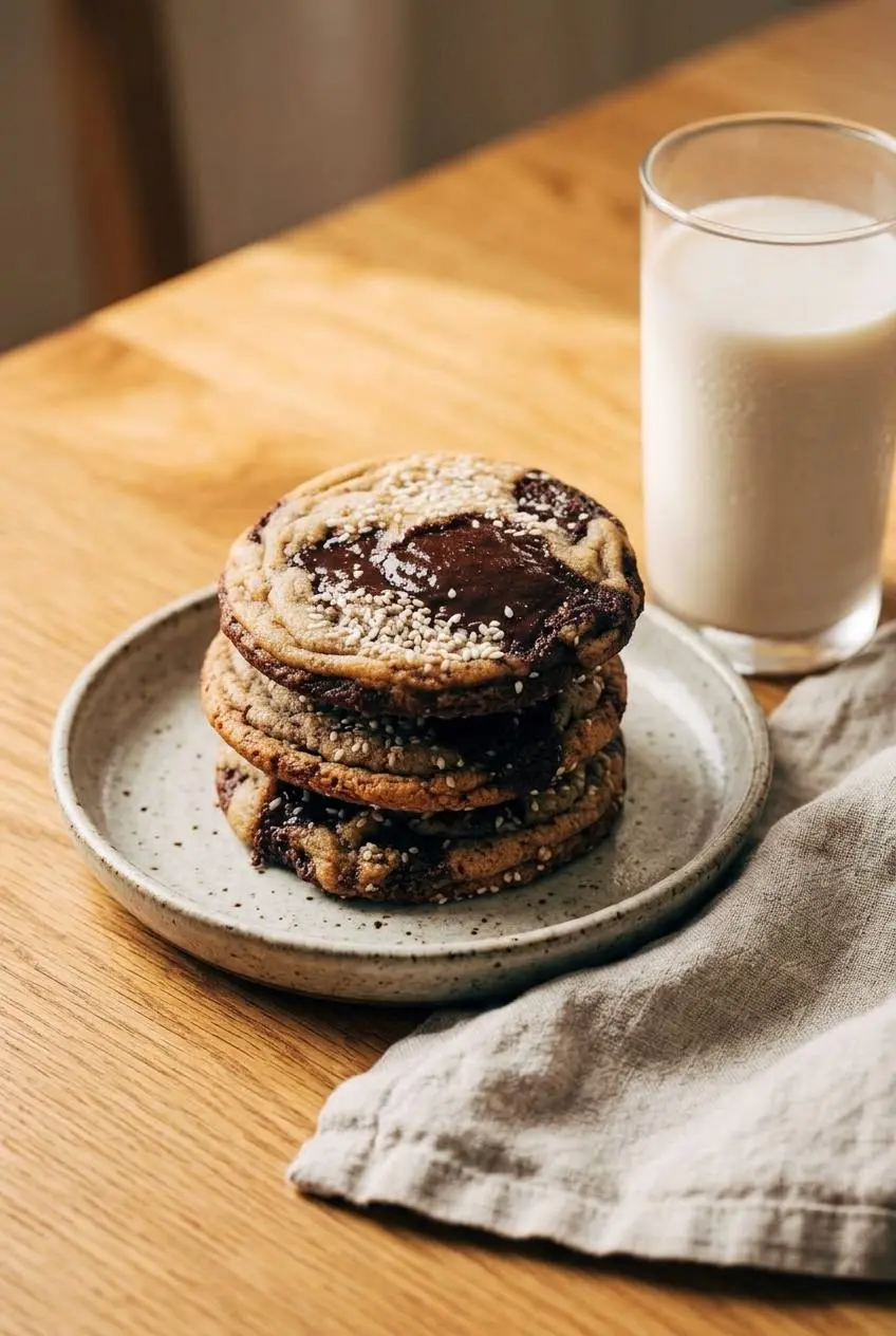Three sesame-topped brown butter miso chocolate chip cookies stacked on a plate beside a glass of cold oat milk.