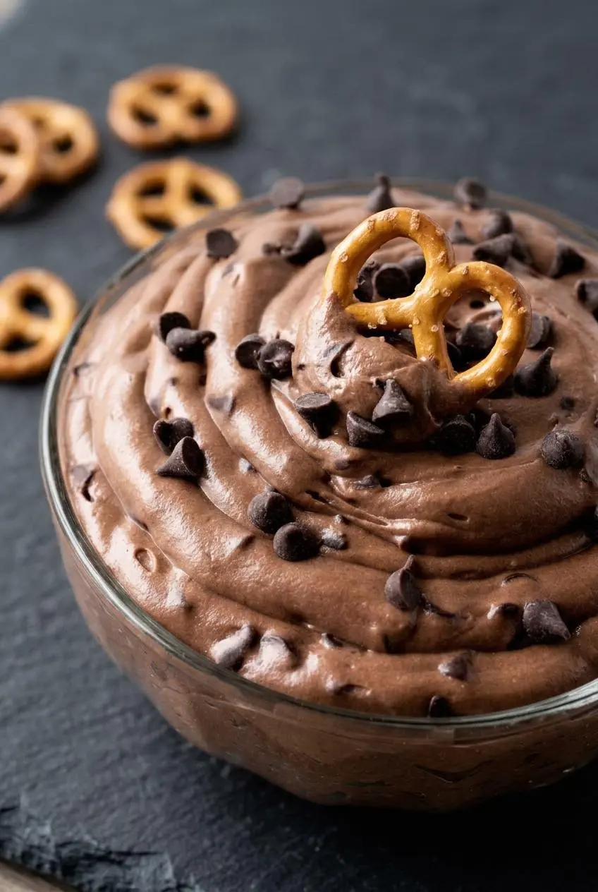 Close-up of a pretzel twist dipped into thick, glossy chocolate dip studded with mini chocolate chips