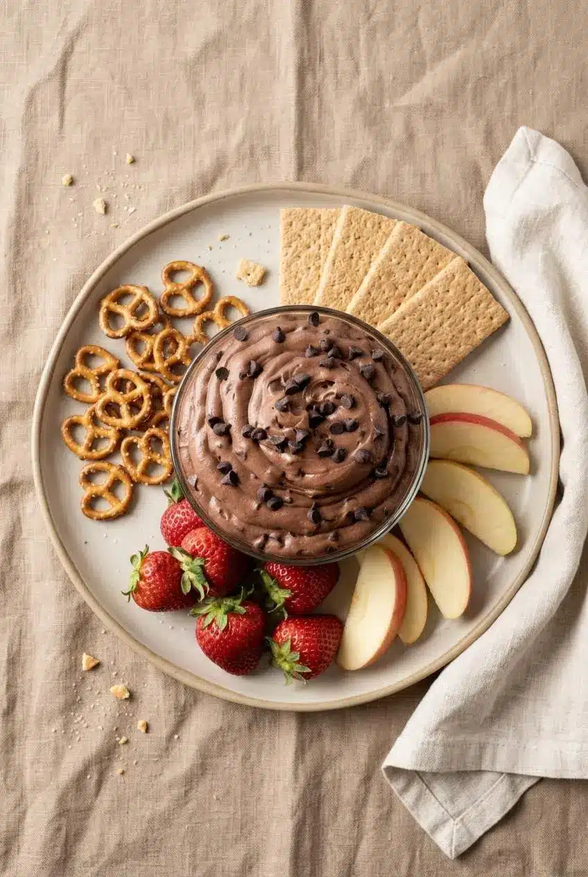 Overhead view of brownie batter dip surrounded by graham crackers, pretzels, strawberries, and apple slices