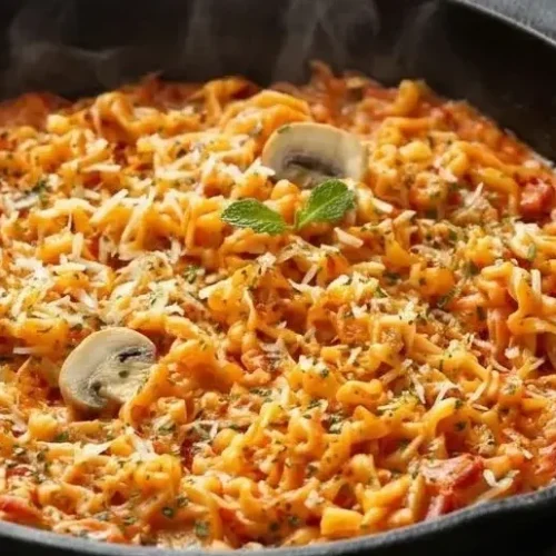 Buldak ramen carbonara recipe with thick glossy cream sauce, bacon, mushrooms, and springy noodles.