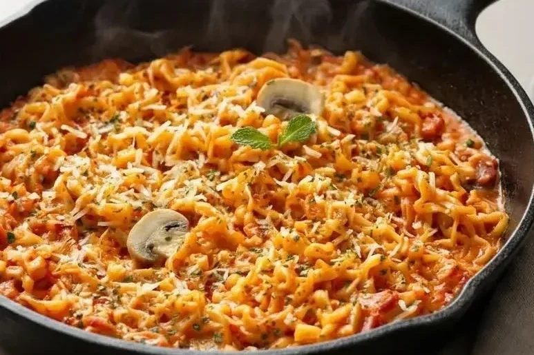 Buldak ramen carbonara recipe with thick glossy cream sauce, bacon, mushrooms, and springy noodles.