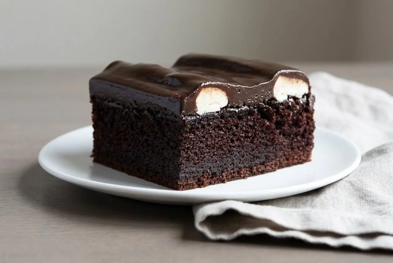 Finished bumpy cake recipe in a 9x13 pan with moist chocolate cake, white buttercream ridges, and glossy fudge.