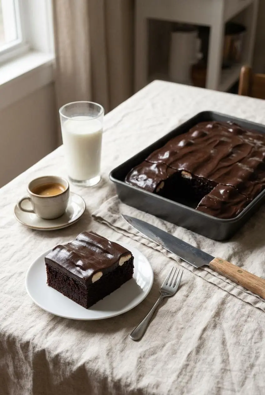 Chilled bumpy cake slice on a dessert plate with clean white buttercream centers, served with cold milk and hot espresso.
