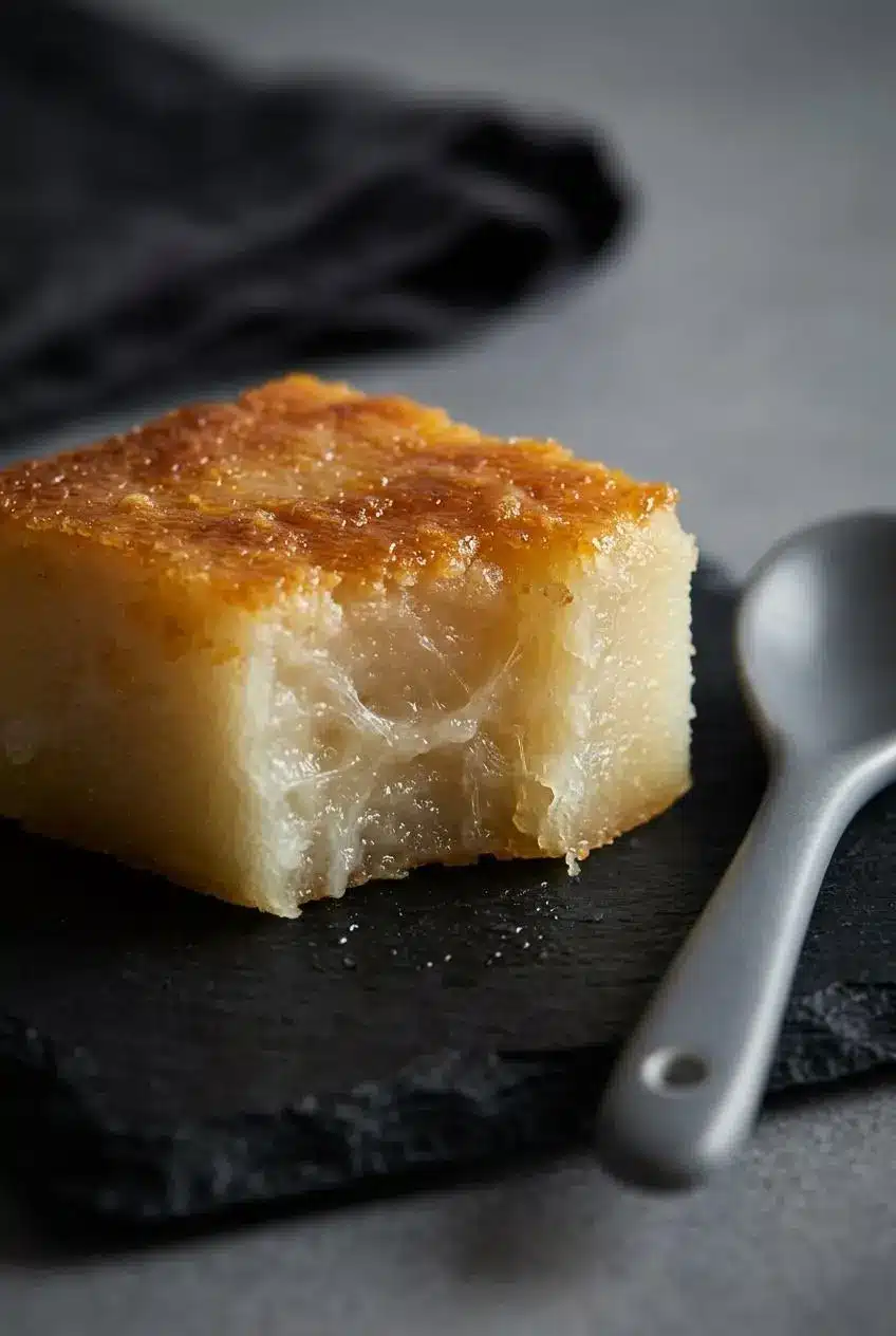 Close-up cross section of a sliced butter mochi square showing its bouncy, chewy crumb and crisp crust.