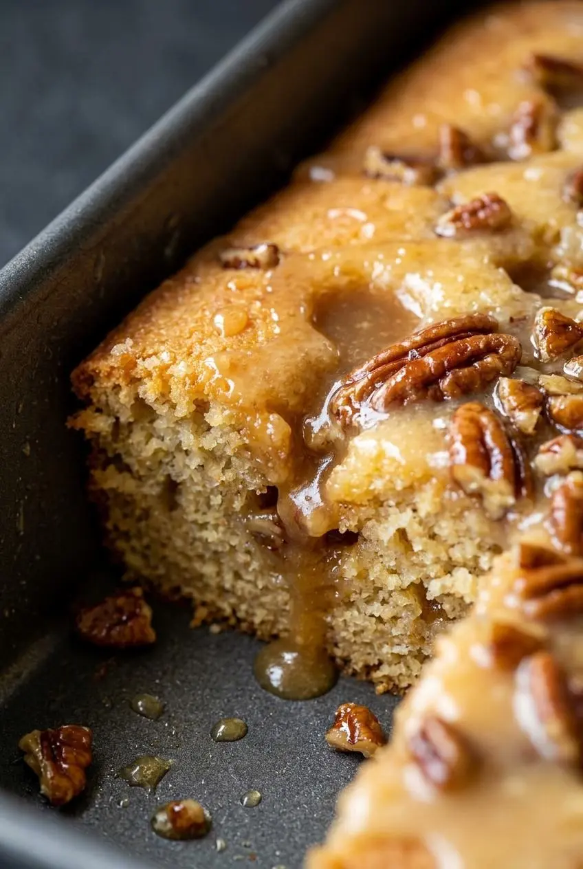 Warm butter pecan cake surface with poked holes filled with glossy praline glaze and pecans.