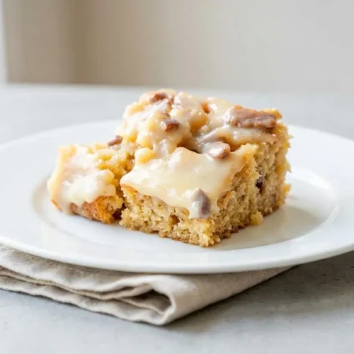 Butter pecan poke cake topped with glossy praline glaze and chopped pecans in a baking dish.