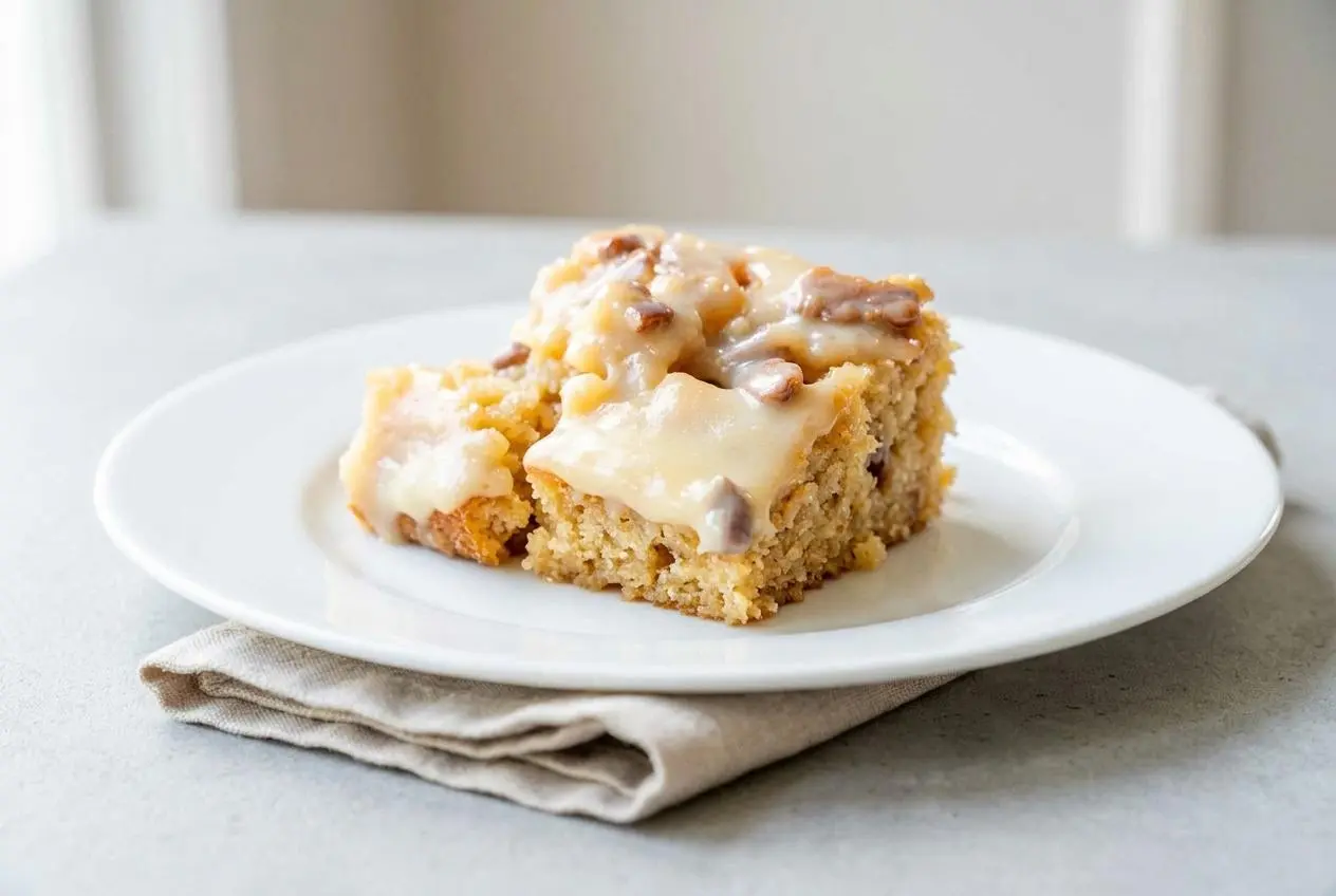 Butter pecan poke cake topped with glossy praline glaze and chopped pecans in a baking dish.