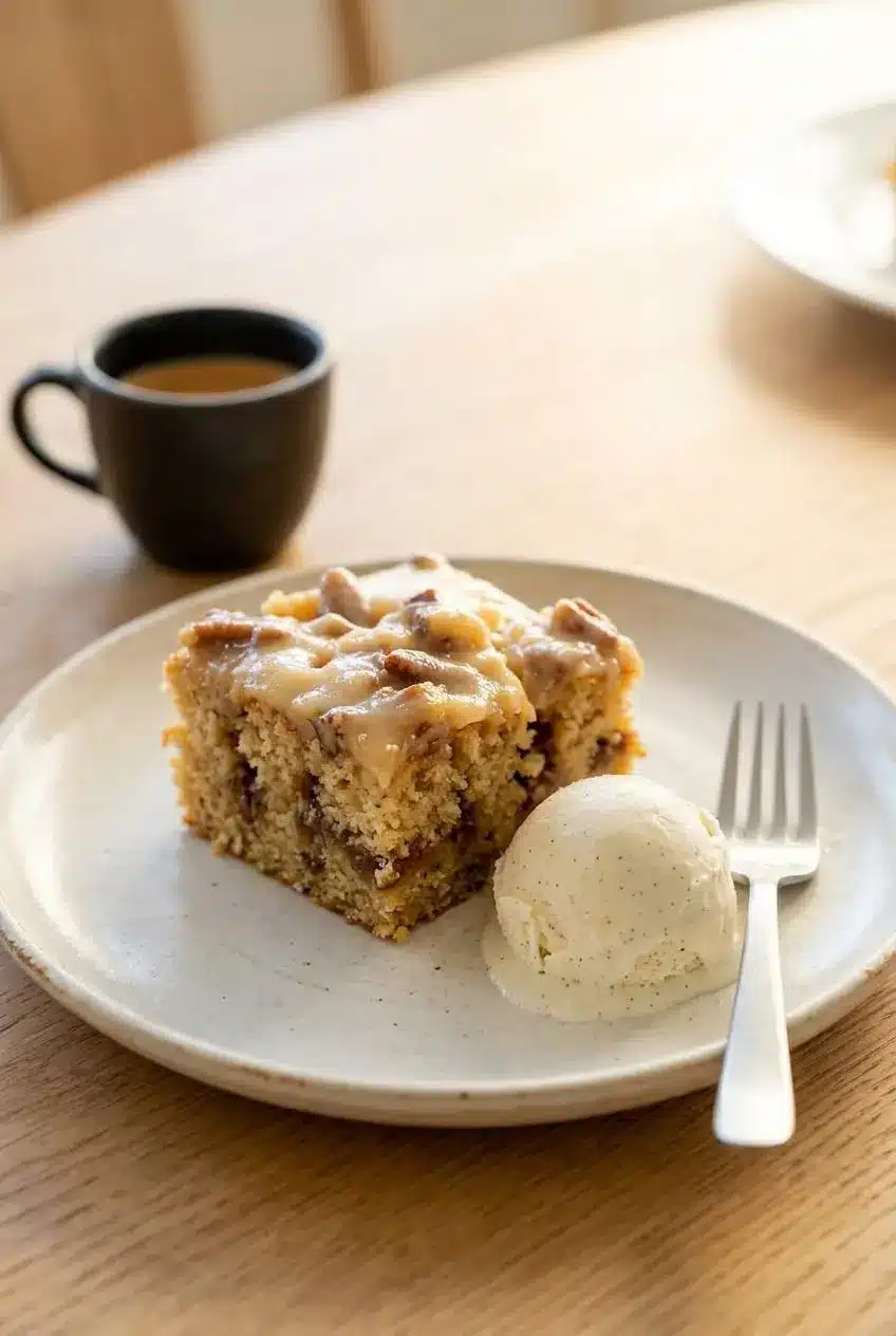 A slice of butter pecan poke cake served on a plate with vanilla bean ice cream and black coffee.