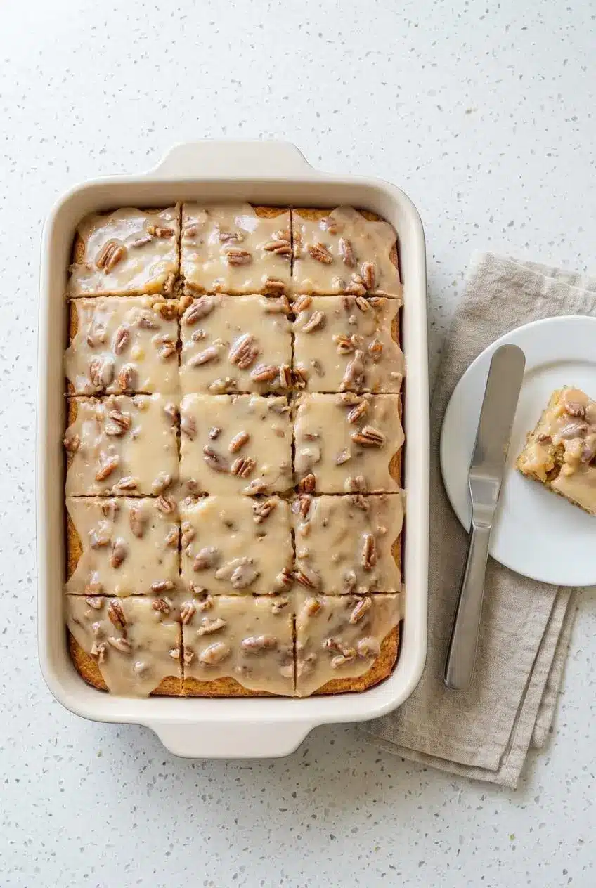 Chilled butter pecan poke cake neatly sliced into squares inside a 9x13 baking dish.