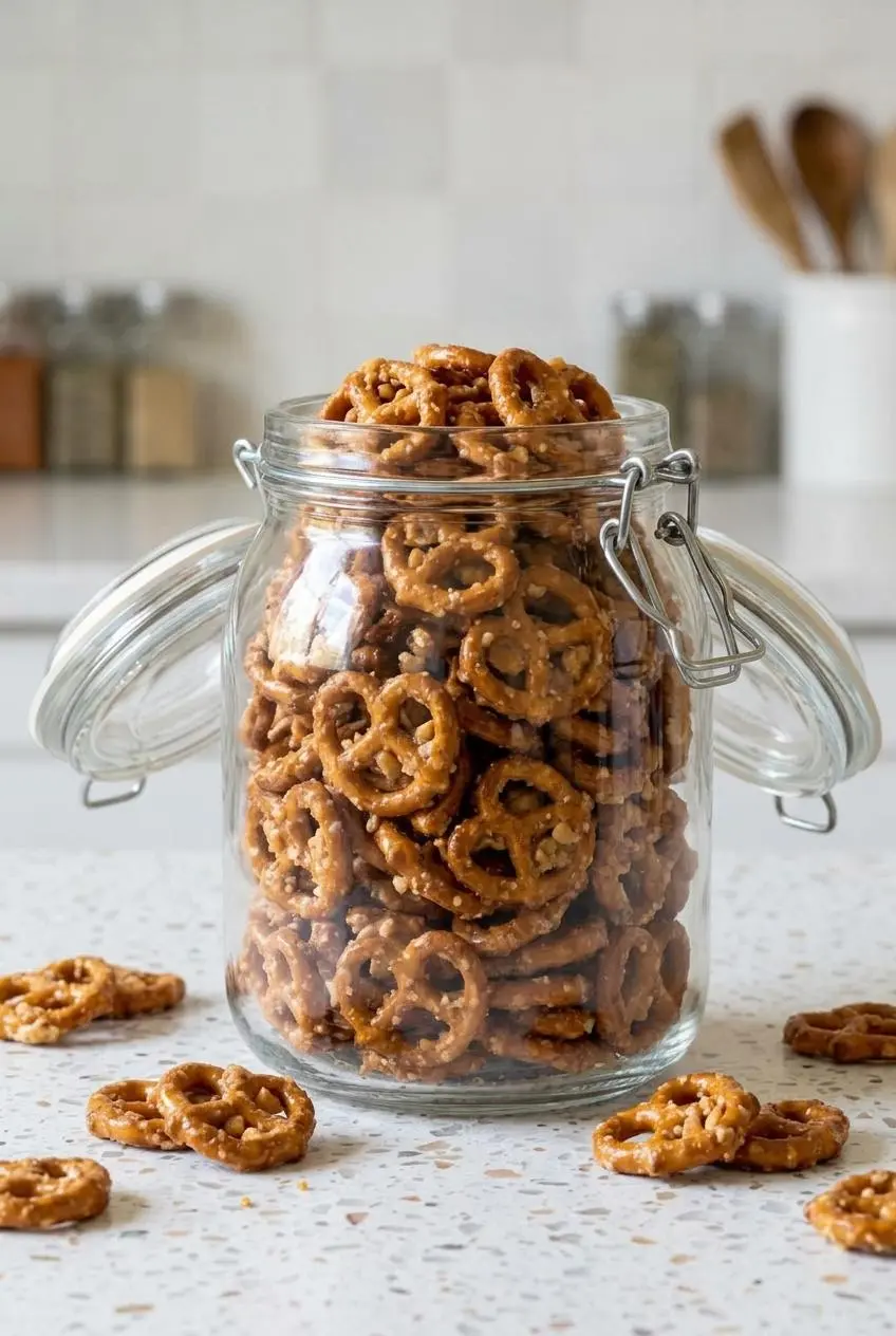 Airtight glass clamp jar filled with crisp butter toffee pretzels on a light terrazzo kitchen counter.